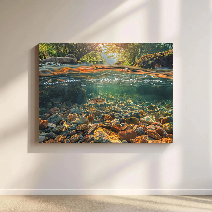 Trout Fishing River Canvas Art | Split Level Underwater Nature View | Premium 1.25" Gallery Wrap | Perfect Gift for Fly Fisherman