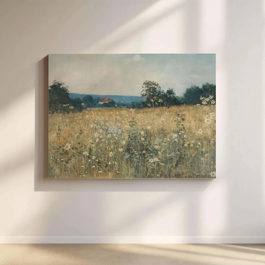 Vintage Landscape Canvas Art | Wildflower Field with Farmhouse Print | 1.25” Gallery Wrap | Cottagecore Farmhouse Decor for Home or Office