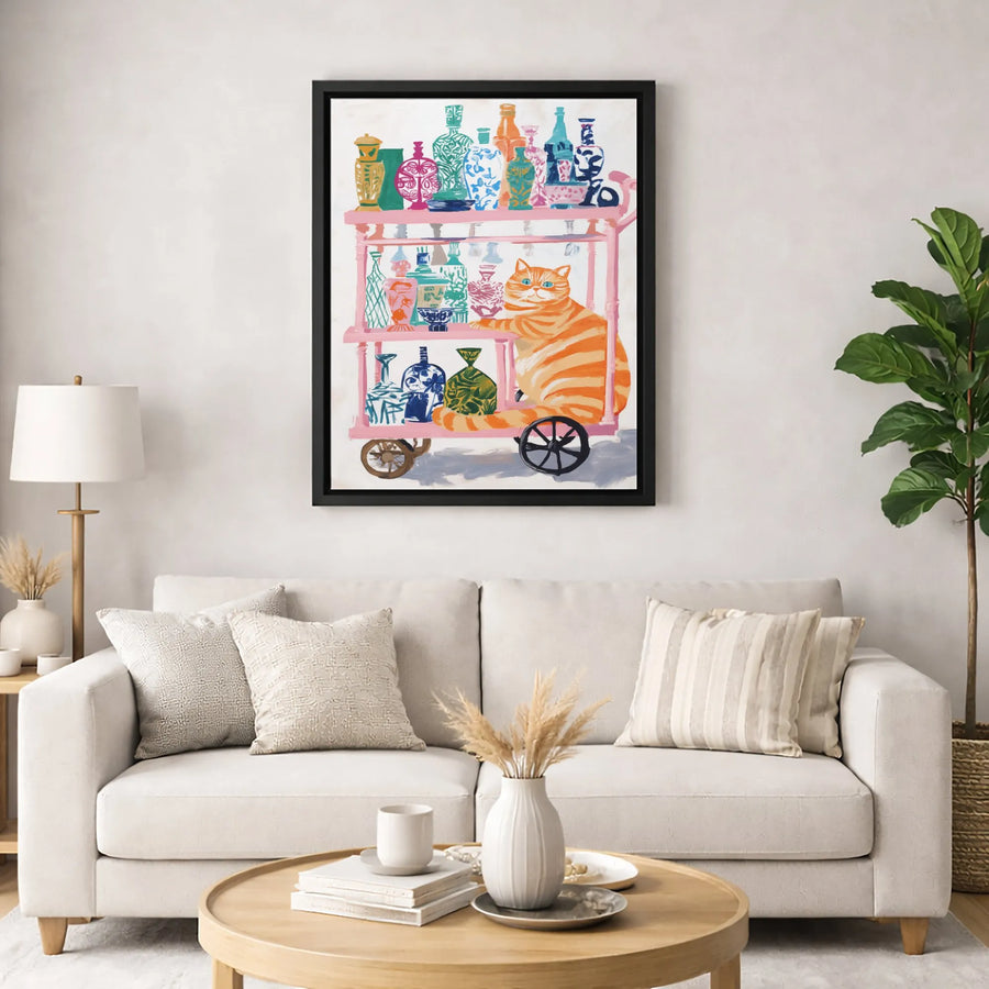 Orange Tabby Cat Wall Art | Whimsical Bar Cart with Colorful Vases | Premium 1.25-Inch Gallery Wrapped Canvas | Charming Home Decor Gift