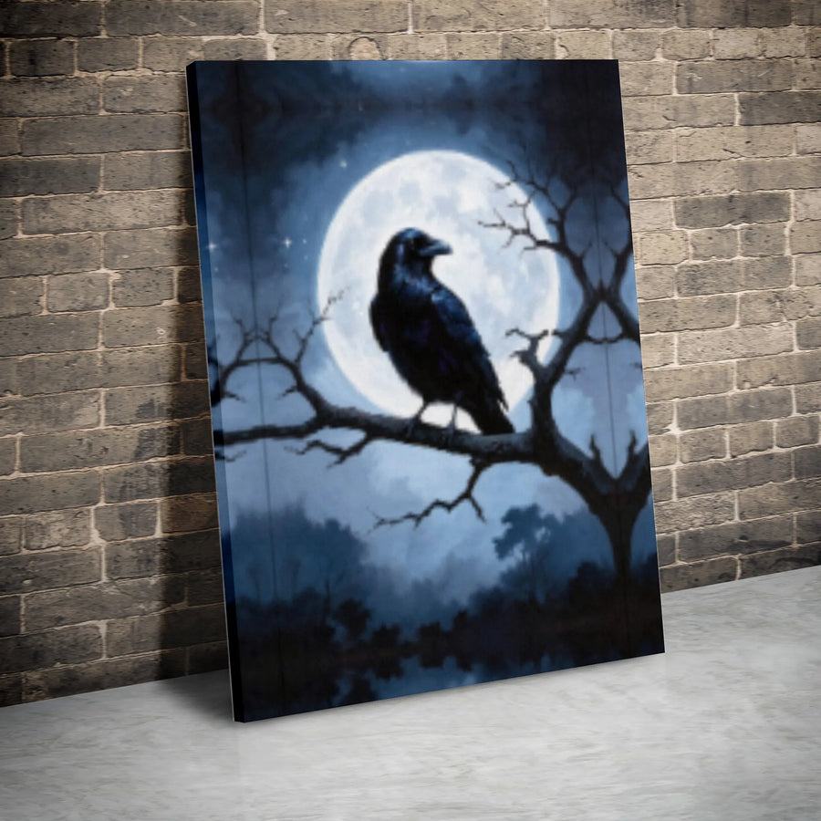 Gothic Raven Canvas Wall Art | Full Moon Silhouette Design | Premium Gallery Wrap Stretched Print | Dark Academia Home Decor Gift