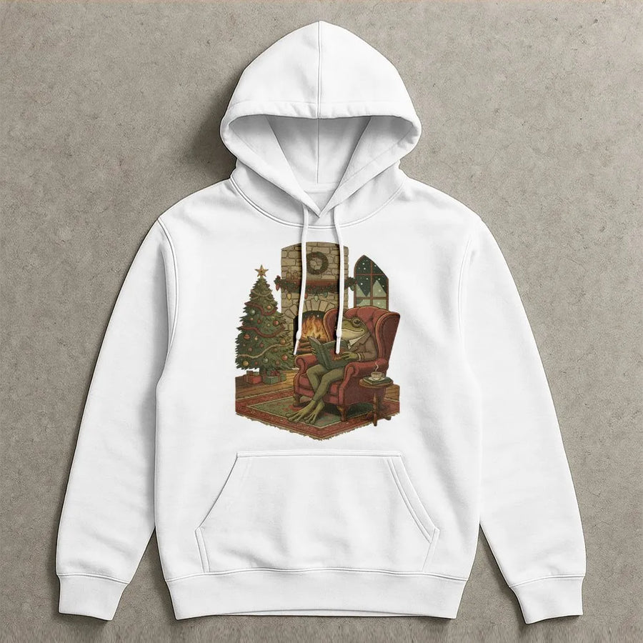 Reading Frog Hoodie | Cozy Christmas Bookish Design | Premium Cotton Blend | Funny Holiday Gift for Book Lovers and Readers