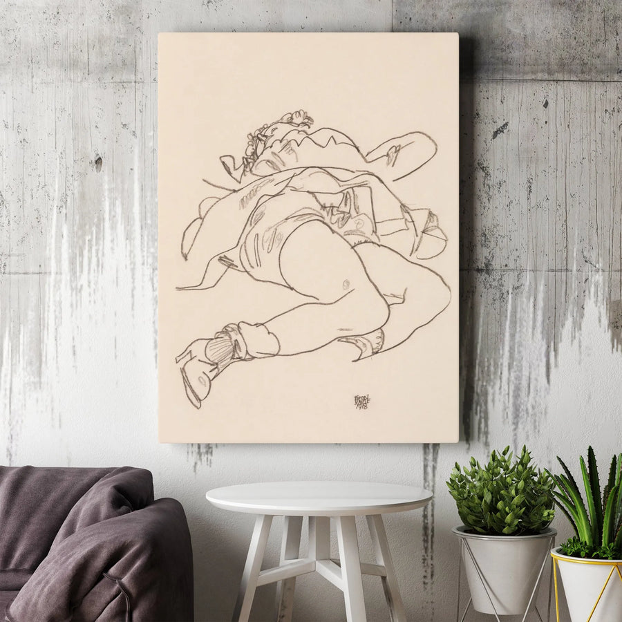Egon Schiele Nude Sketch Vertical Canvas | Expressionist Figure Drawing | Premium Thick Gallery Wrap | Collector's Gift for Art Lover