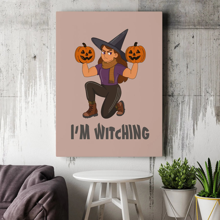 I'm Witching Canvas Wall Art | Muscular Witch Holding Pumpkins Design | Premium Fade-Resistant Print | Funny Halloween Home Decor Gift