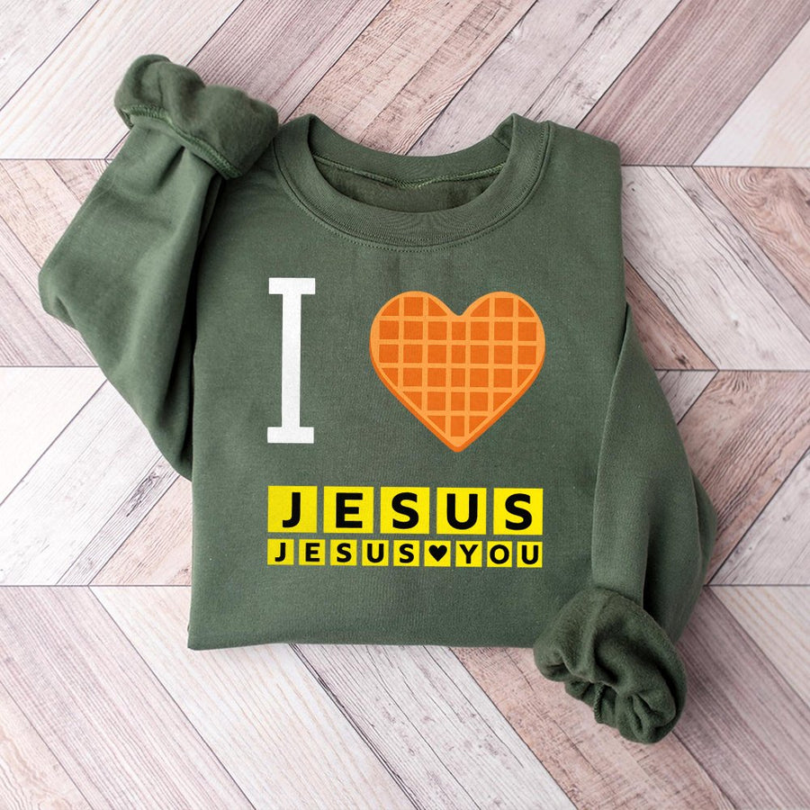 I Love Jesus Waffle Heart Sweatshirt | Funny Christian Breakfast Graphic | Premium Cotton Blend | Religious Gift for Men and Women
