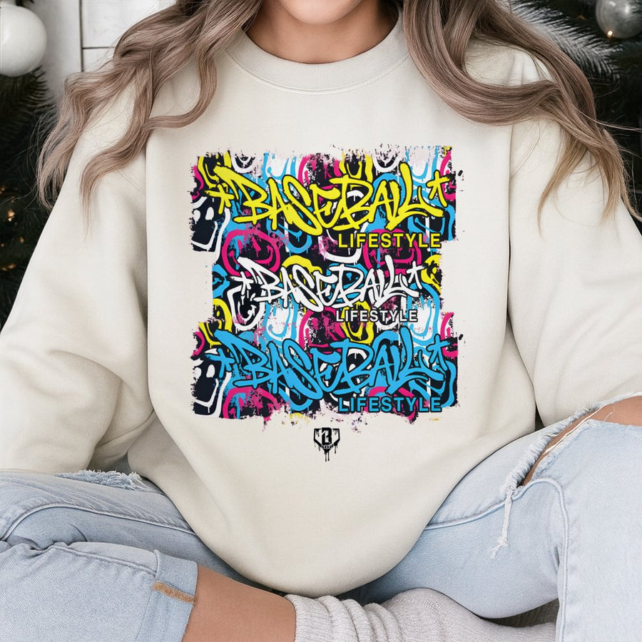 Baseball Lifestyle Sweatshirt | Graffiti Smiley Graphic Print | Cotton-Poly Blend Crewneck | Sporty Urban Gift for Baseball Players and Fans
