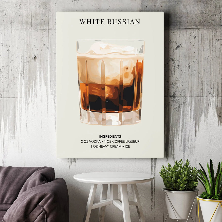 White Russian Cocktail Wall Art | Minimalist Recipe Print | Premium Gallery Wrap Canvas | Home Bar Decor Gift for Bartenders