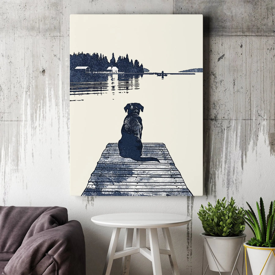 Dog On Dock Lake Canvas Wall Art | Minimalist Silhouette Landscape | Premium Gallery Wrap Print | Peaceful Nature Decor Gift For Dog Lovers