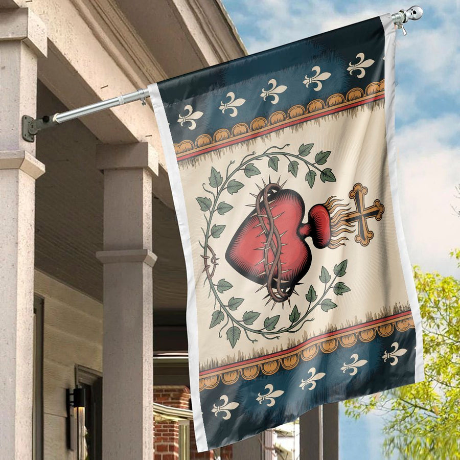 Sacred Heart of Jesus House Flag | Vintage Fleur-de-Lis Catholic Religious Wall Decor | Premium Weather-Resistant Polyester | Gift for Home Garden