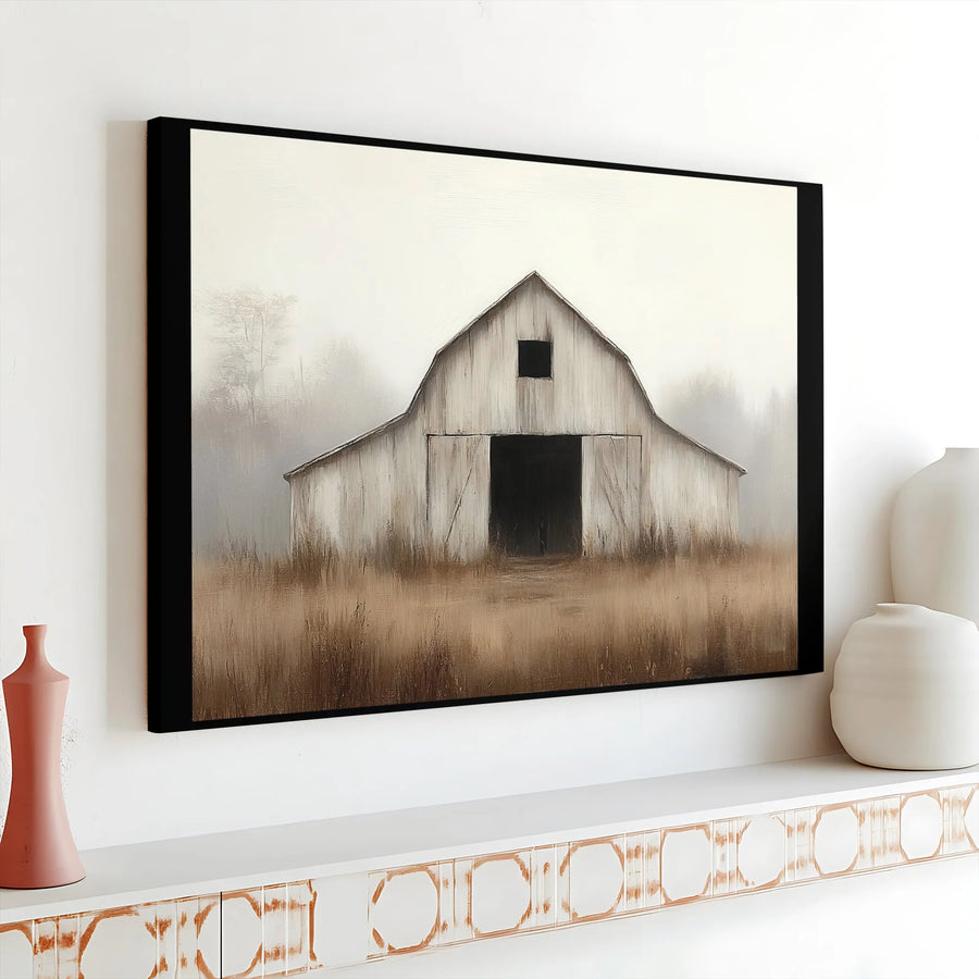 Rustic Farmhouse Barn Wall Art | Foggy Field Landscape Print | Premium Gallery Wrapped Canvas | Farmhouse Home Decor for Living Room