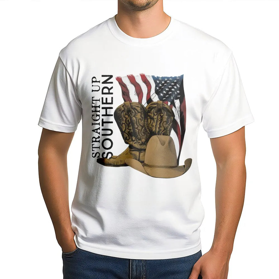 Straight Up Southern T-Shirt | American Flag Cowboy Hat Boots Graphic | Premium Cotton Unisex Tee | Patriotic Country Music Festival Gift