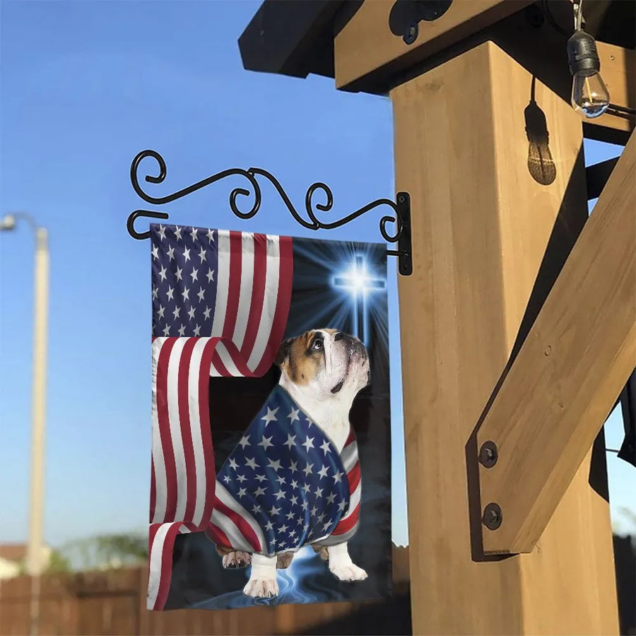 Patriotic Bulldog Garden Flag | Christian American Flag & Cross Design | Weatherproof Polyester Fabric | God and Country Yard Decor Gift