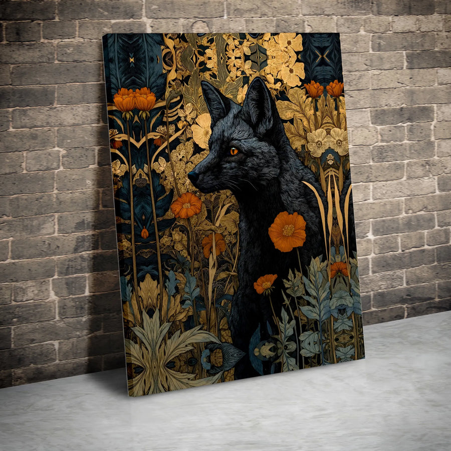 Black Fox Canvas Wall Art | Art Nouveau Floral Print | Premium Gallery Wrapped Canvas | Dark Cottagecore Decor Gift