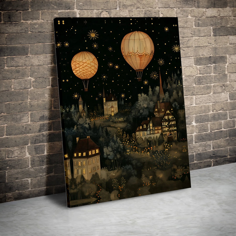Magical Night Village Canvas Print | Hot Air Balloons And Stars Wall Art | Gallery Wrapped Premium Decor | Whimsical Fairy Tale Home Decor