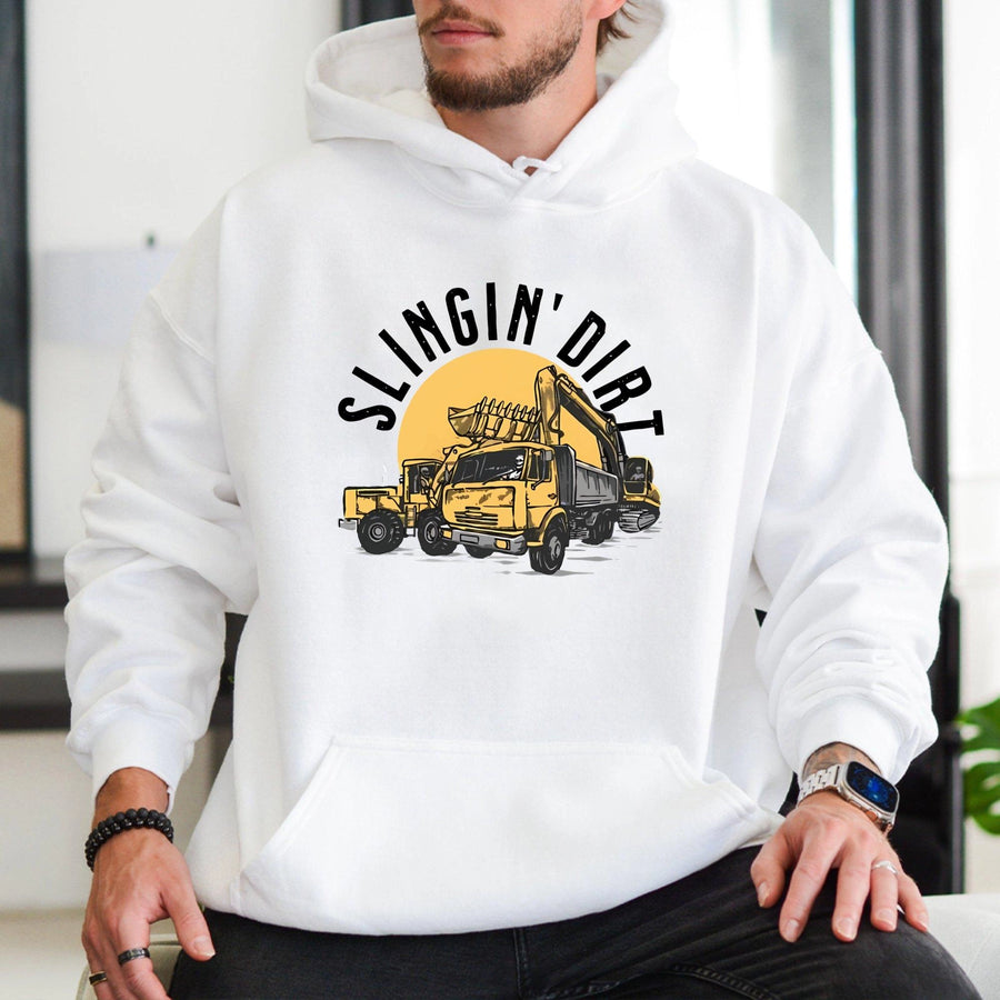 Heavy Equipment Operator Hoodie | Slingin' Dirt Excavator Construction Graphic | Premium Cotton Blend | Gift For Construction Worker Dad
