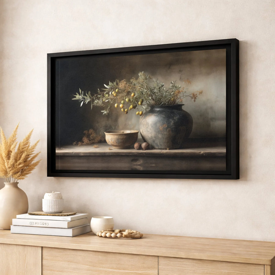 Rustic Still Life Canvas Wall Art | Olive Branch & Ceramic Pot Print | Gallery-Quality 1.25" Profile | Moody Farmhouse Home Decor