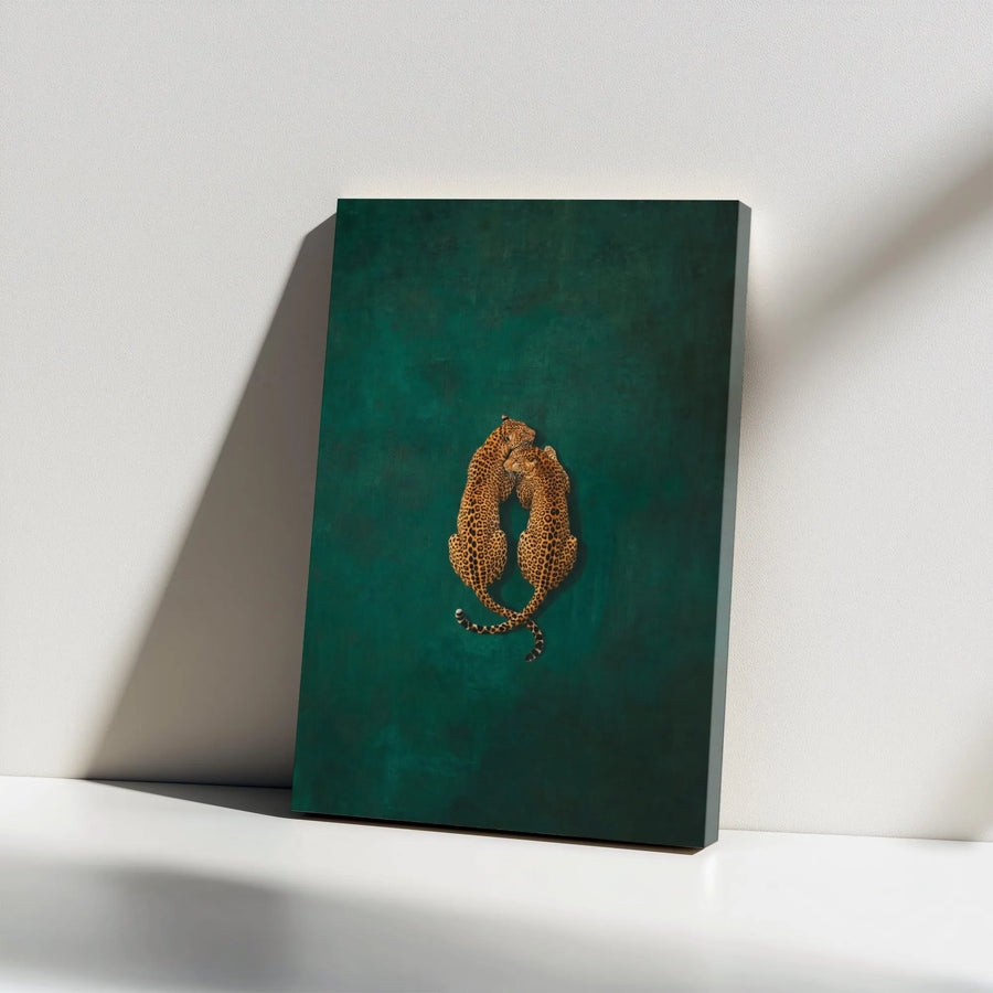 Leopard Wall Art | Cuddling Leopards Emerald Green Canvas | Premium Gallery Wrap Print | Modern Living Room Bedroom Decor Gift
