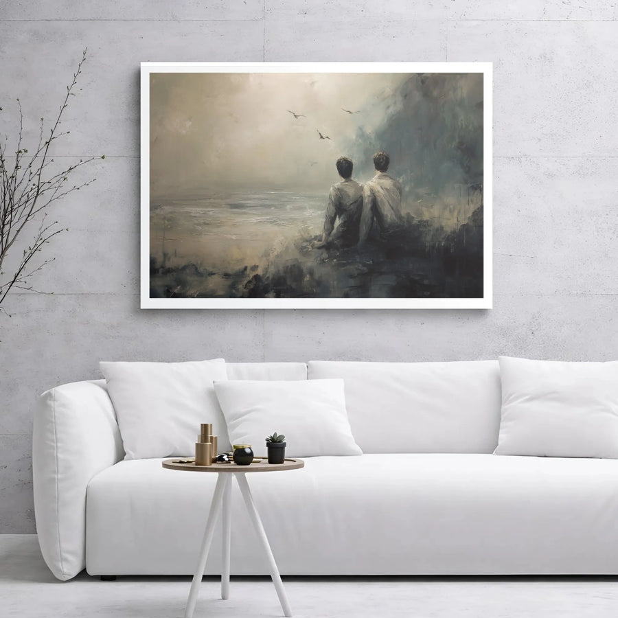 Two Men Sitting by the Sea Canvas Art | Moody Seascape Oil Painting Style | Premium 1.25-inch Gallery Wrap | Reflective Home Office Wall Decor