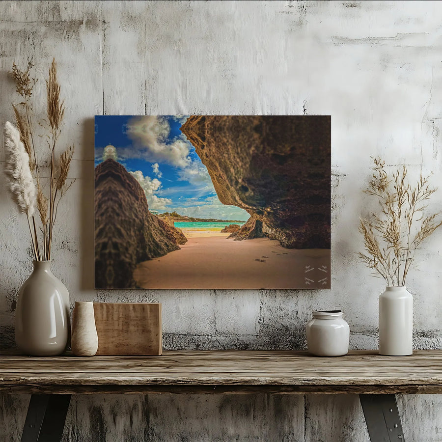 Tropical Beach Cove Canvas Wall Art | Ocean View Through Coastal Rocks | Premium Gallery-Wrapped Print | Coastal Home Decor Gift