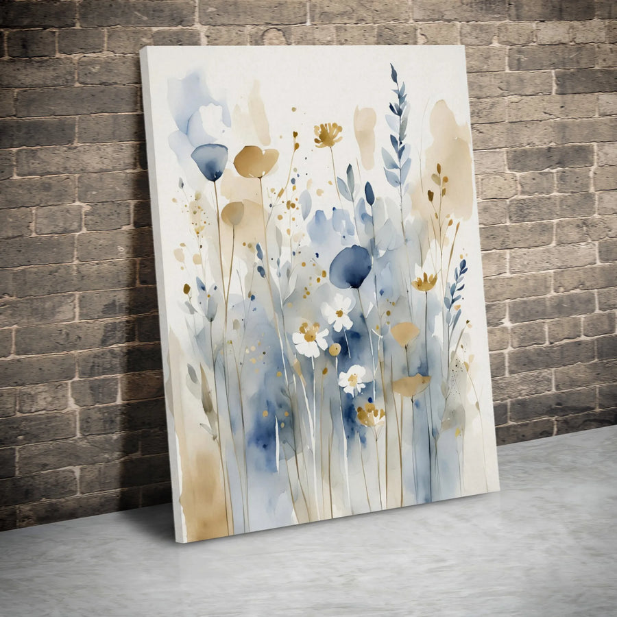 Abstract Watercolor Wildflower Canvas | Blue And Mustard Floral Wall Art | Gallery-Quality 1.25 inch Thick Frame | Modern Botanical Home Decor