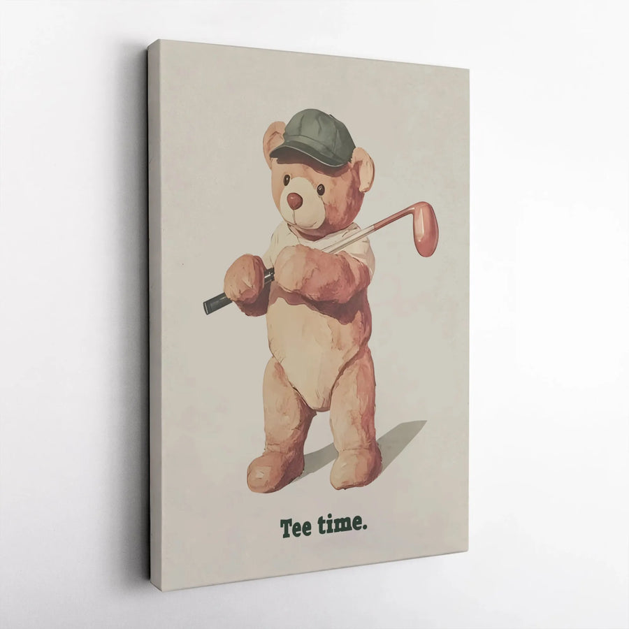 Golf Teddy Bear Canvas Wall Art | Tee Time Watercolor Print | Premium Gallery Wrap Decor | Gift for Golfer and Kids Room Nursery