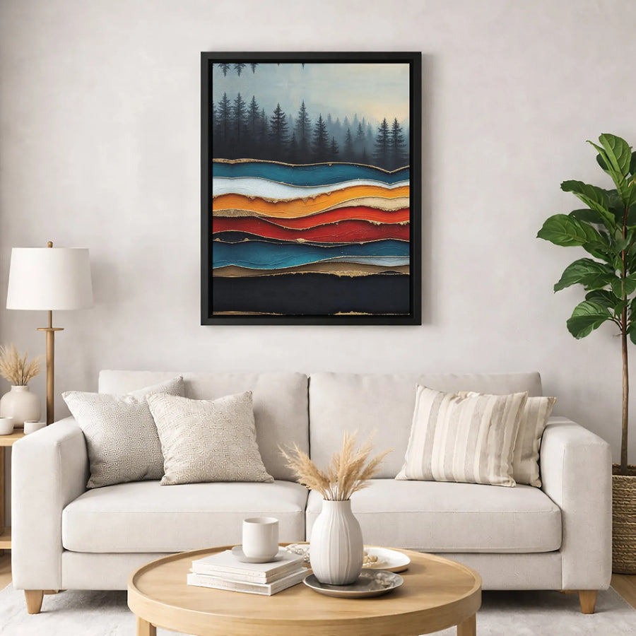 Abstract Mountain Wall Art | Misty Pine Forest With Gold Accents | Premium Gallery Wrap Canvas | Modern Minimalist Home Decor Gift