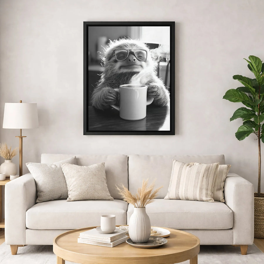 Sloth Coffee Wall Art | Whimsical Sloth With Glasses Canvas | Premium 1.25" Thick Gallery Wrap | Cute Animal Lover Home Decor Gift