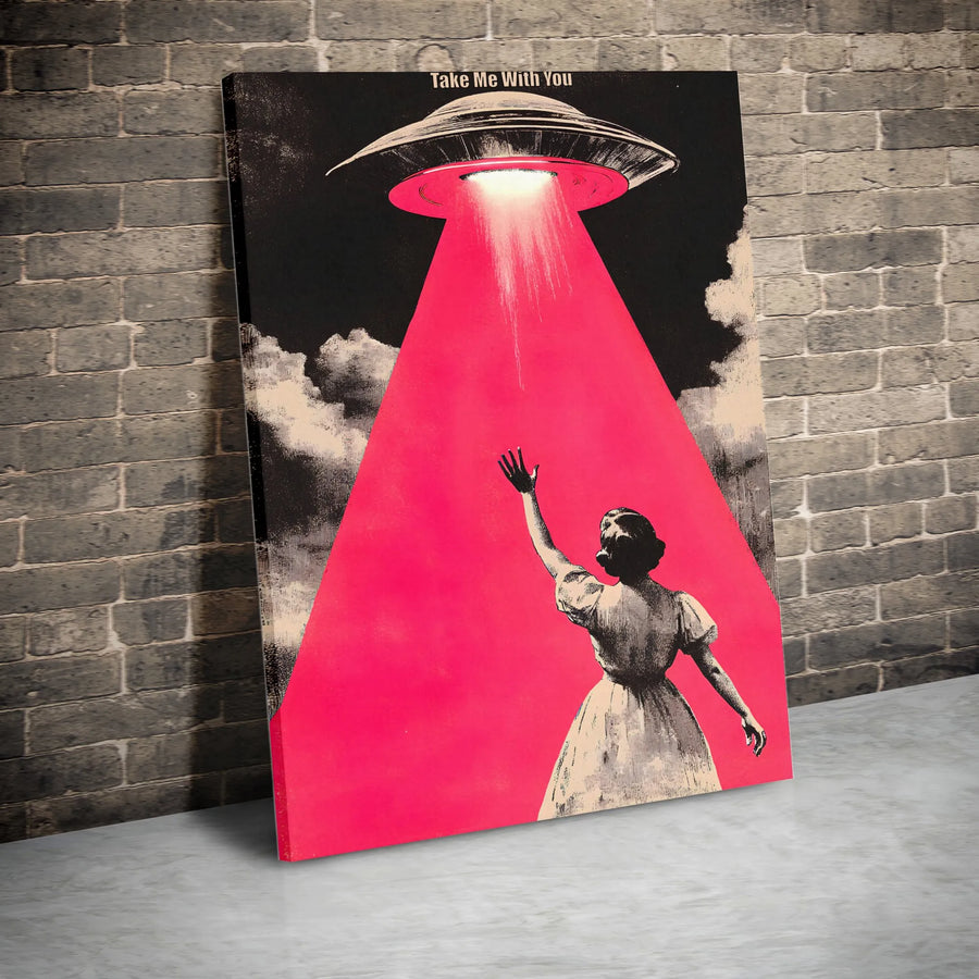 UFO Abduction Canvas Print | Retro Sci-Fi 'Take Me With You' Wall Art | Premium Gallery Wrapped Canvas | Gift for Alien Believer, Dorm Room Decor