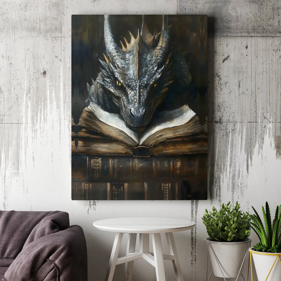 Dragon Reading Book Wall Art | Fantasy Library Oil Painting Style Canvas | Premium Gallery Wrapped Decor | Unique Gift For Fantasy Readers