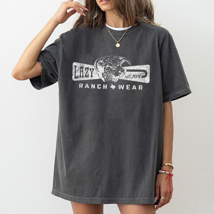 Lazy Ranch Wear T-Shirt | Distressed Western Bull Logo Graphic | 100% Cotton Premium Tee | Comfortable Cowboy Apparel Gift for Men and Women