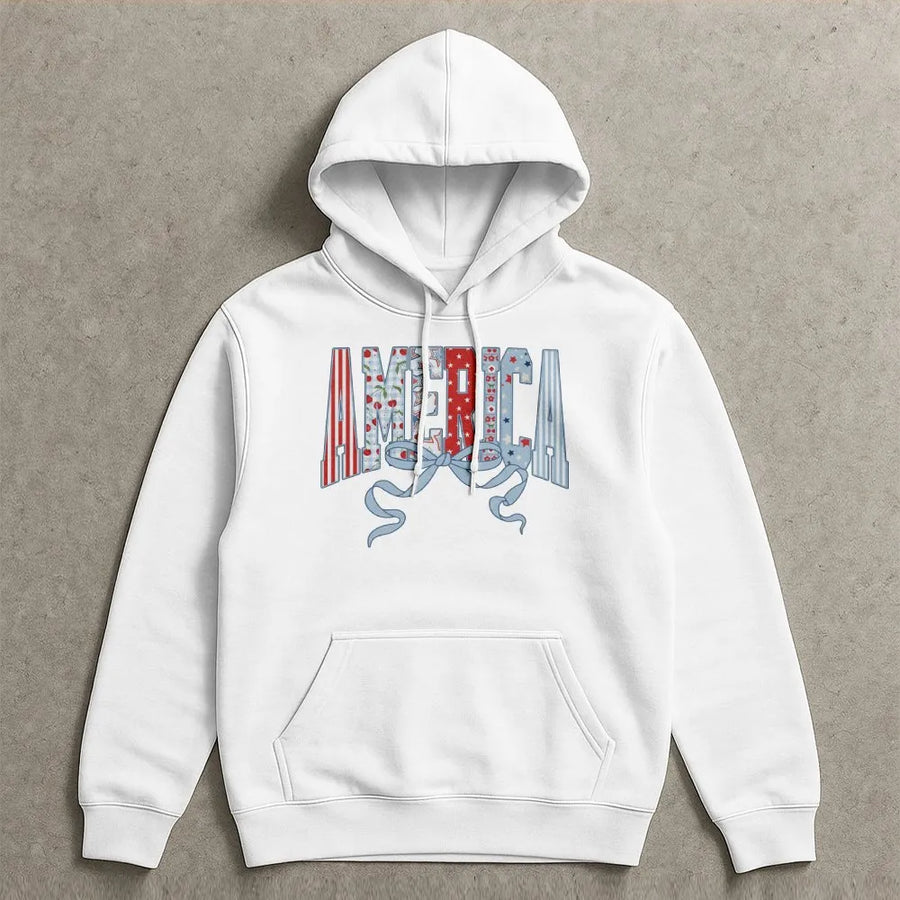 Coquette America Hoodie | Retro USA Flag Bow Graphic | Soft Cotton Blend Sweatshirt | Patriotic 4th of July Gift for Women