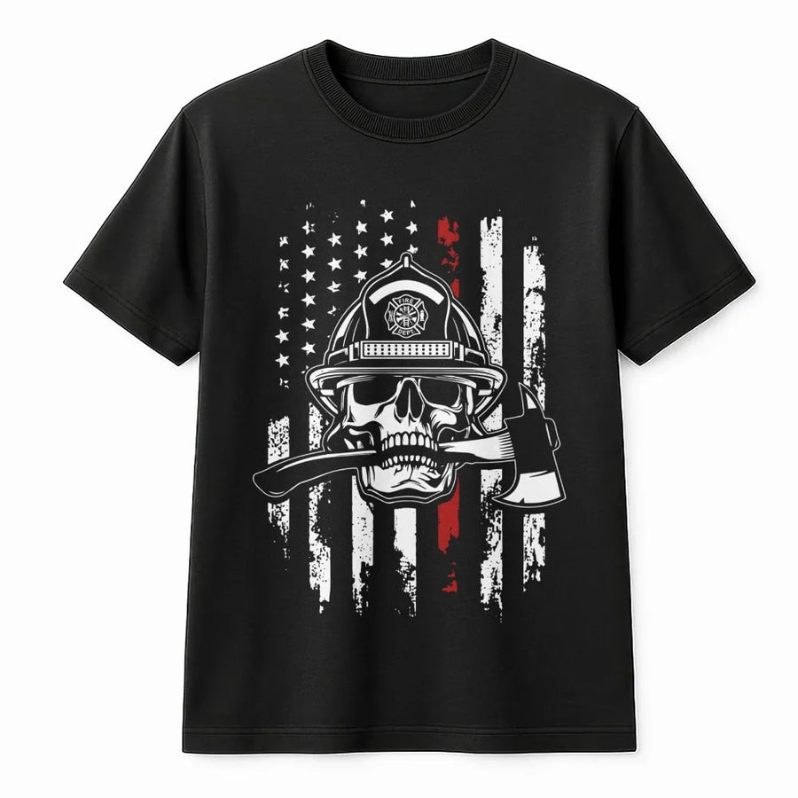 Firefighter Skull T-Shirt | Thin Red Line Flag Graphic | Premium Cotton Apparel | Gift For Fireman First Responder