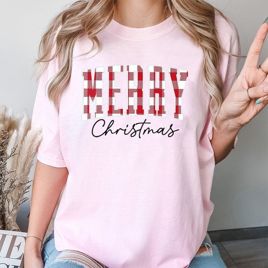 Merry Christmas T-Shirt | Red Plaid Buffalo Check Design | Premium Cotton Apparel | Festive Holiday Gift for Women and Men