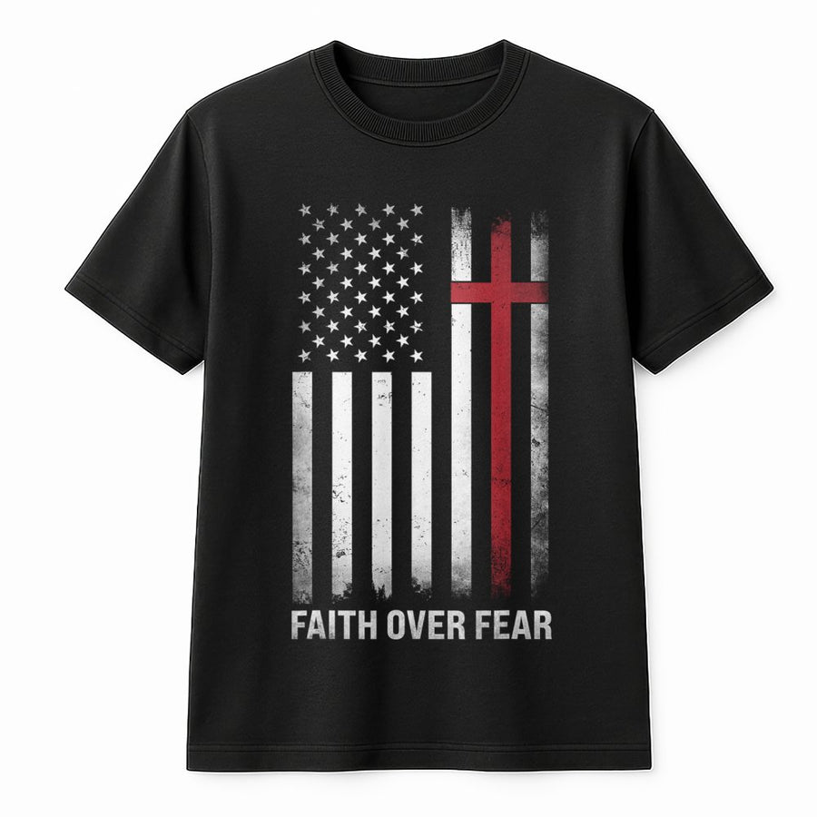 Faith Over Fear T-Shirt | Distressed American Flag Cross Graphic | Premium 100% Cotton | Patriotic Christian Gift for Men and Women