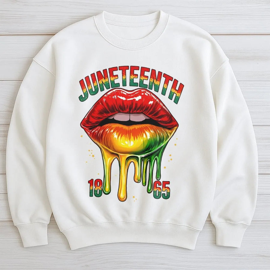 Juneteenth 1865 Lips Sweatshirt | Dripping Pan-African Flag Colors | Premium Unisex Crewneck | Freedom Day Apparel Gift for Black Women & Men