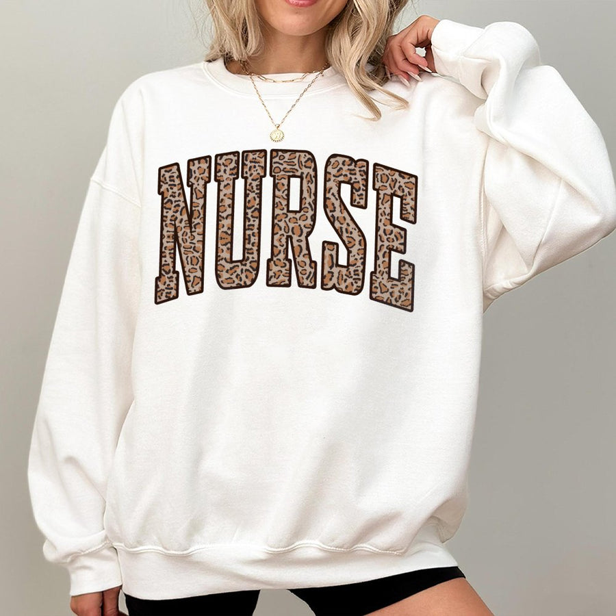 Nurse Sweatshirt | Leopard Print Varsity Lettering | Cotton Blend Premium Crewneck | Gift for Registered Nurse, Nursing School Graduation