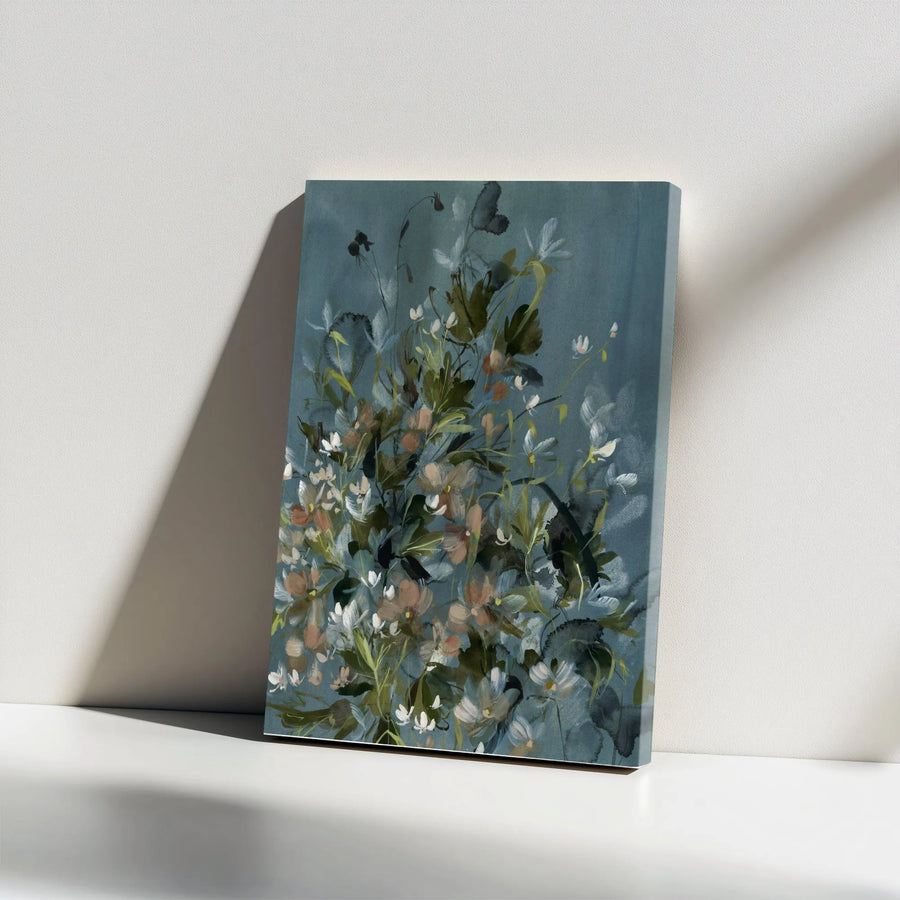 Abstract Wildflower Vertical Canvas | Dark Teal Floral Painting | Premium Gallery Wrapped Wall Art | Modern Minimalist Living Room Decor Gift