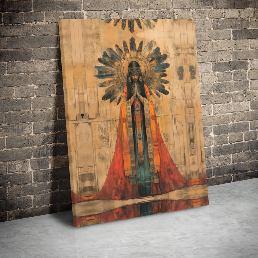 Native American Inspired Wall Art | Praying Woman Feathered Halo Canvas | Premium Gallery Wrap Print | Spiritual Home Decor Gift