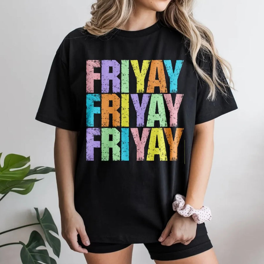 Happy Friyay T-Shirt | Retro Colorful Graphic Pullover | Soft Cotton-Polyester Blend | Funny Elementary Teacher Gift