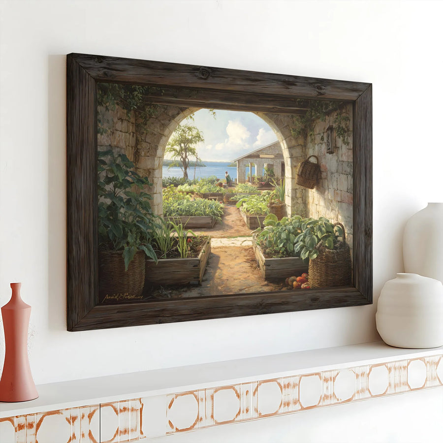 Mediterranean Garden Arch Horizontal Canvas | Tuscan Courtyard & Coastal Sea View Painting | Premium Fade-Resistant Wall Art | Scenic Nature Lover Gift, Cozy Home Decor