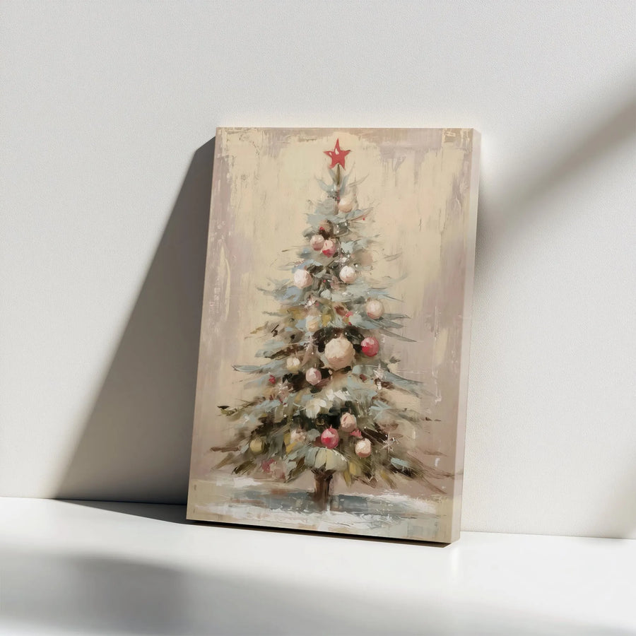 Christmas Tree Canvas Wall Art | Painterly Holiday Tree With Red Star | 1.25-Inch Gallery Wrap Print | Festive Neutral Home Decor Gift
