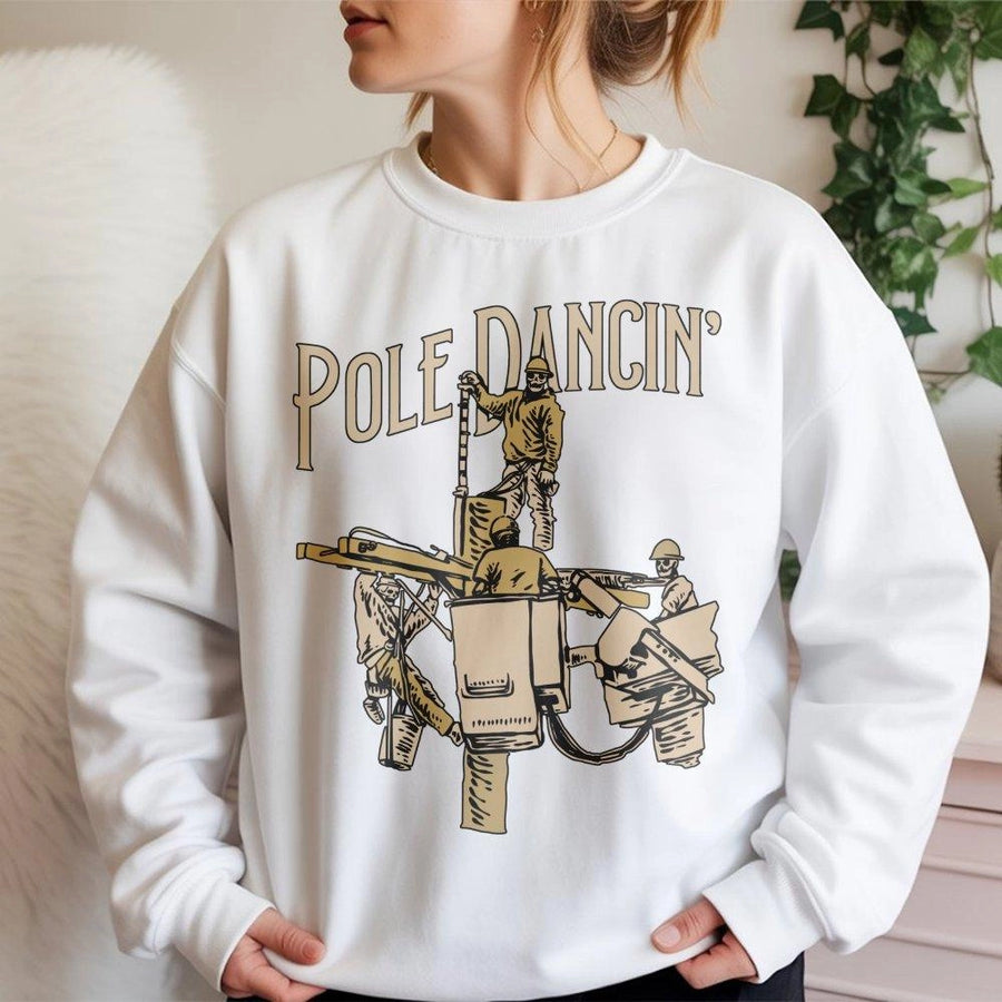 Lineman Sweatshirt | Pole Dancin' Skeleton Humor Design | Premium Cotton Blend | Funny Gift For Electrician & Utility Worker