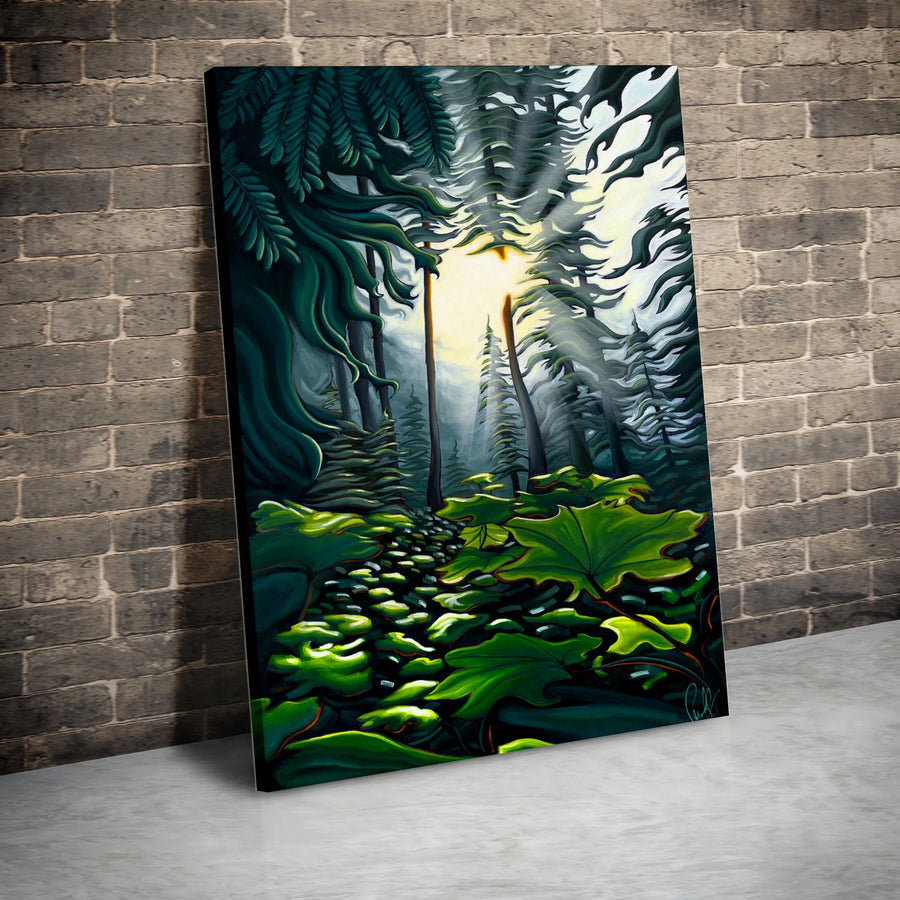 Enchanted Forest Canvas Print | Sunbeam Through Tall Trees Painting | Premium Gallery Quality Canvas | Nature Themed Wall Decor Gift