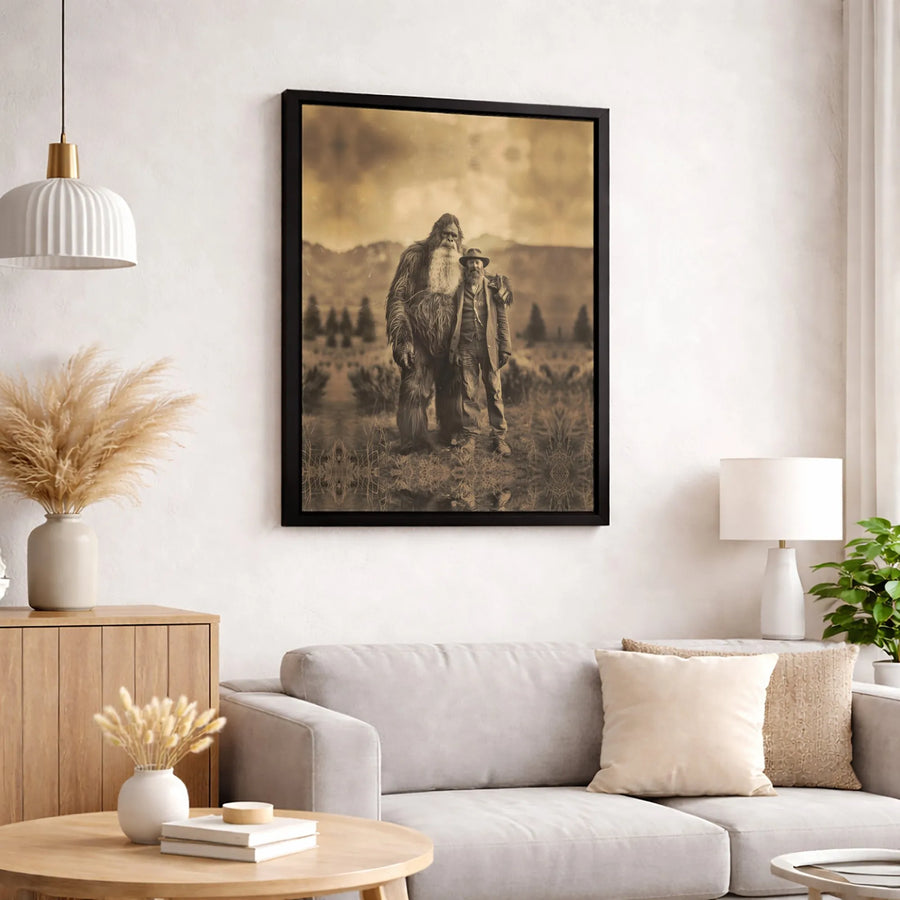 Bigfoot and Cowboy Portrait Canvas | Vintage Sepia Cryptid Art | Premium Gallery-Wrapped Print | Unique Man Cave or Cabin Wall Decor Gift
