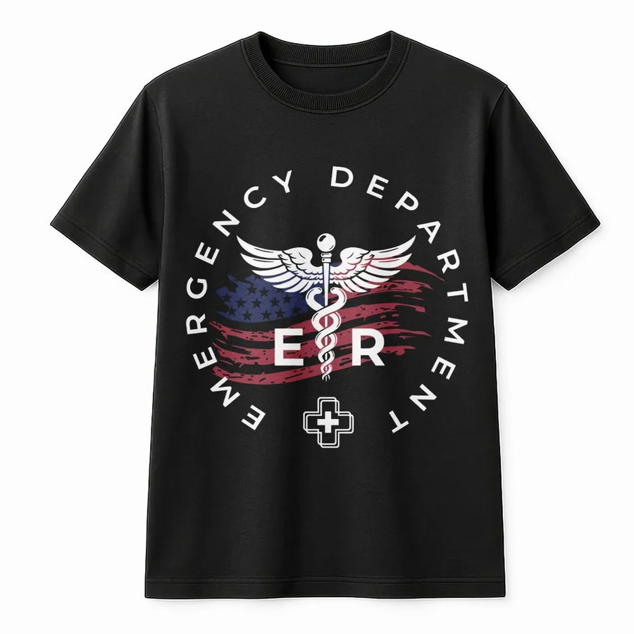 ER Nurse T-Shirt | Patriotic American Flag Caduceus Emblem | Soft Breathable Cotton | Premium Gift for Emergency Room Staff and RNs
