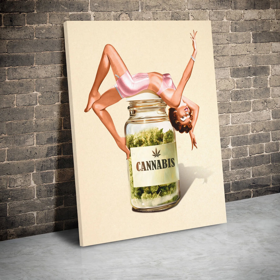 Vintage Pin-Up Girl Cannabis Canvas Art | Retro Weed Jar Illustration | Premium Gallery Wrap Wall Decor | Edgy Stoner Room Gift for Men and Women