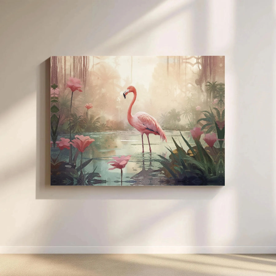 Pink Flamingo Wall Art | Tropical Jungle Marsh Landscape | Premium Gallery Wrapped Canvas | Coastal Boho Home Decor Gift