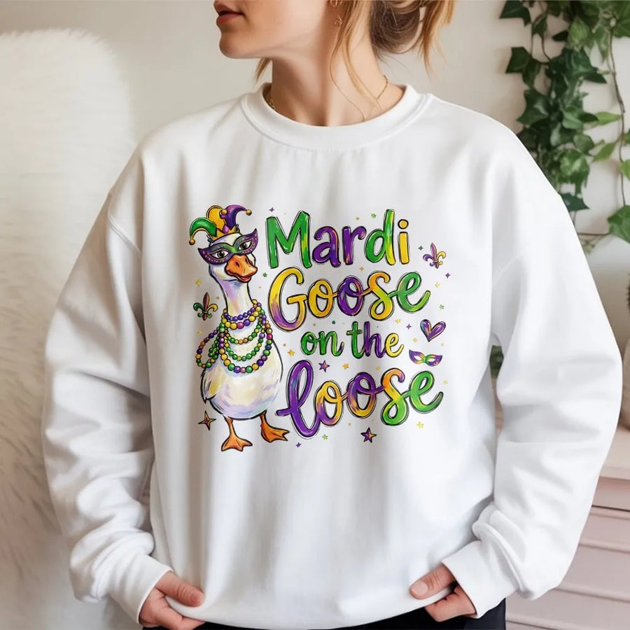 Mardi Goose On The Loose Sweatshirt | Funny Mardi Gras Party Design | Premium Cotton Blend | New Orleans Parade Gift For Her And Him