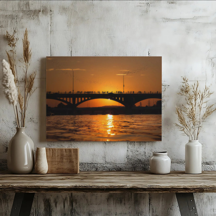 Austin Bat Bridge Sunset Horizontal Canvas | Congress Avenue Bridge Bats Sunset Silhouette Wall Art | Premium 1.25 Inch Gallery Wrap Print | Modern Texas Travel Gift