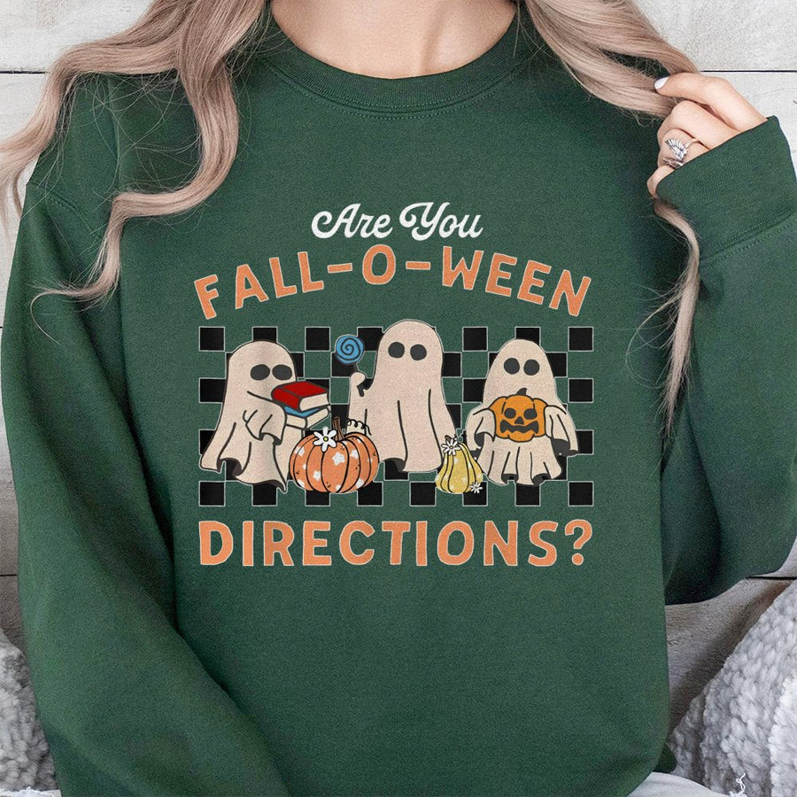 Are You Fall-O-Ween Directions Sweatshirt | Retro Ghost Pumpkin Graphic | Soft Cotton Polyester Blend | Funny Teacher Halloween Gift