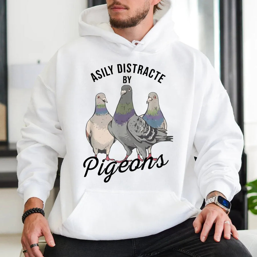 Easily Distracted By Pigeons Hoodie | Funny Bird Lover Graphic Sweatshirt | Premium Cotton Blend | Unisex Gift For Bird Watcher